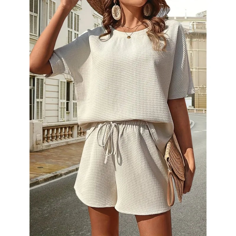 Women’s Relaxed Two-Piece Set with Short Sleeve Top and Drawstring Shorts