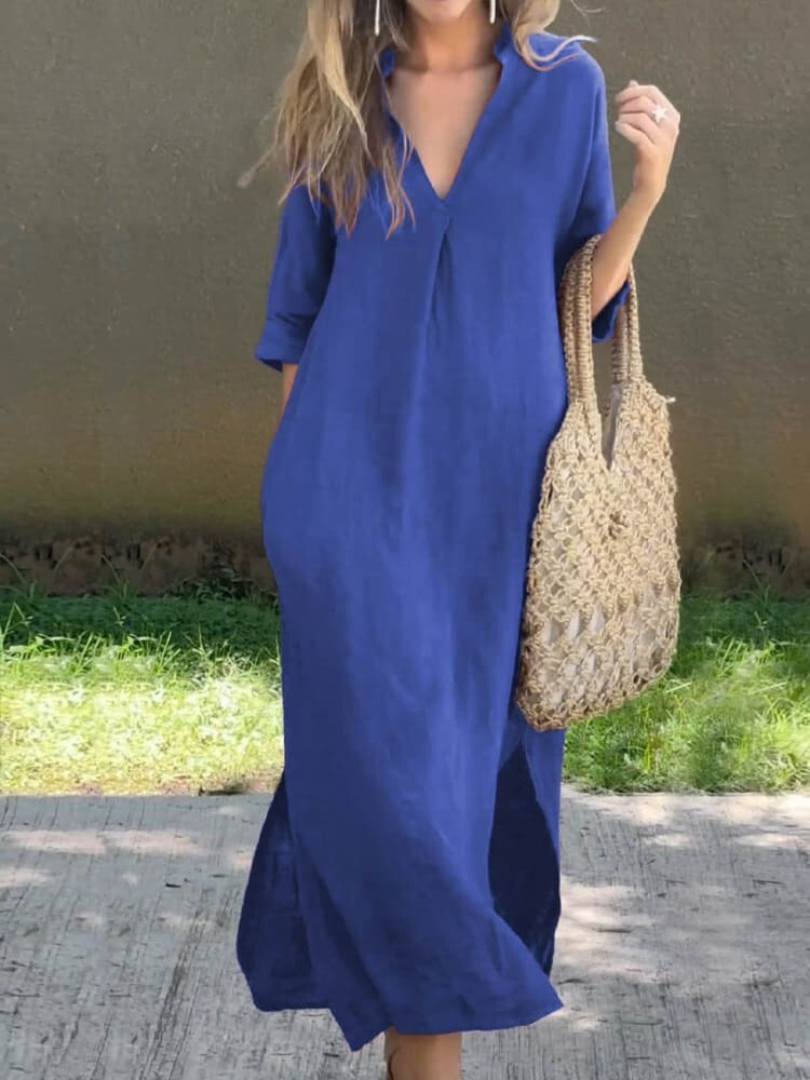 Women's Midi Dress with V-Neck in Loose Fit