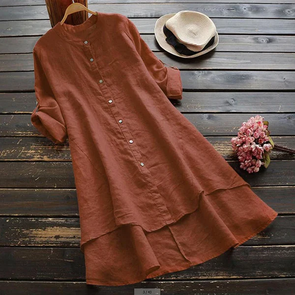 Women's midi dress with button closure, loose fit, and layered hem