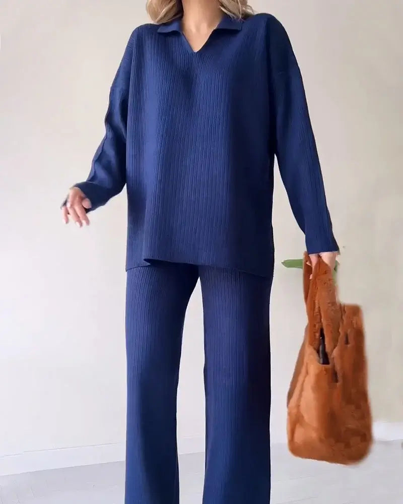 Colorful, trendy sweater with a collar, loose fit, casual, two-piece set