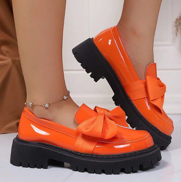 Women's Vintage Bow-Tie Loafer Shoes | Chunky Heel Slip-On