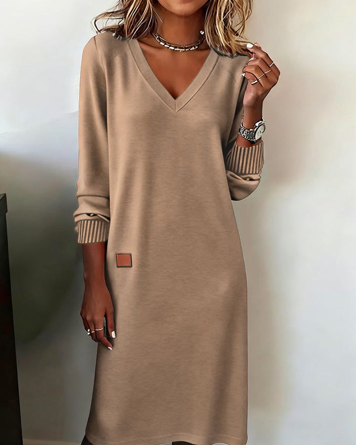Women's Knit Dress with V-Neck and Long Sleeves