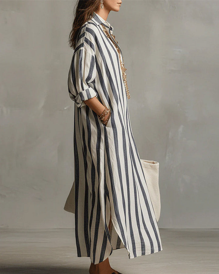 Women's Midi Striped Shirt Dress with Long Sleeves