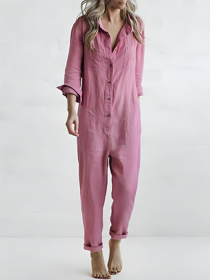 Women’s Button-Up Long Sleeve Jumpsuit with Relaxed Fit