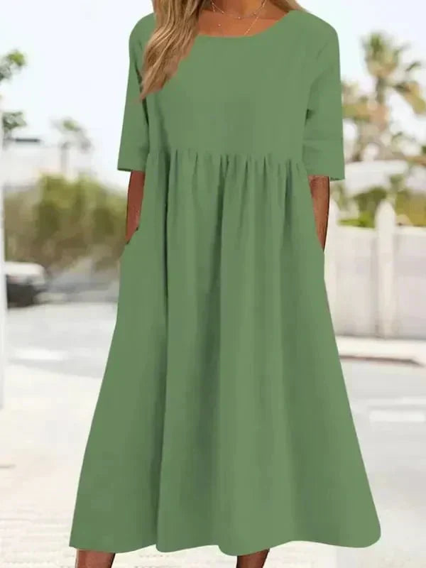 Women’s Relaxed Midi Dress with Round Neck and Short Sleeves