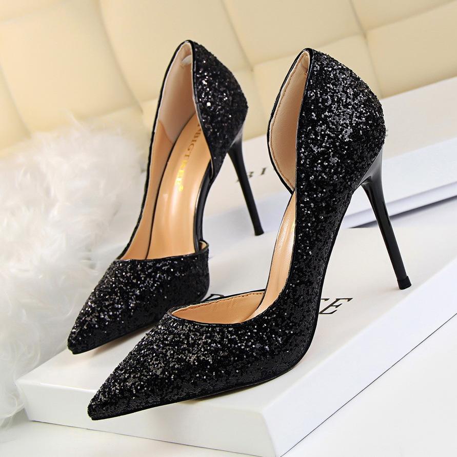 Women’s Pointed Toe High Heel Pumps with Glitter Finish