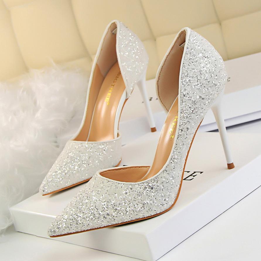 Women’s Pointed Toe High Heel Pumps with Glitter Finish