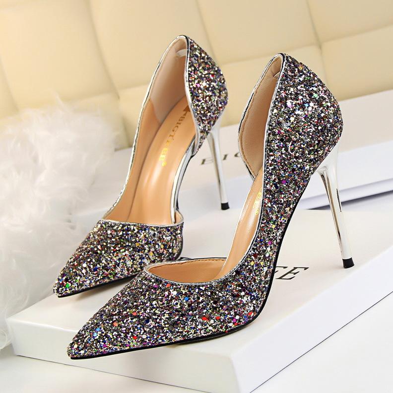 Women’s Pointed Toe High Heel Pumps with Glitter Finish