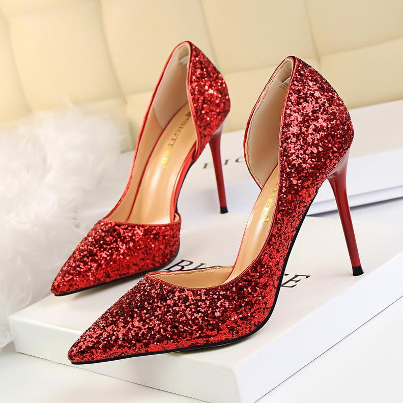 Women’s Pointed Toe High Heel Pumps with Glitter Finish