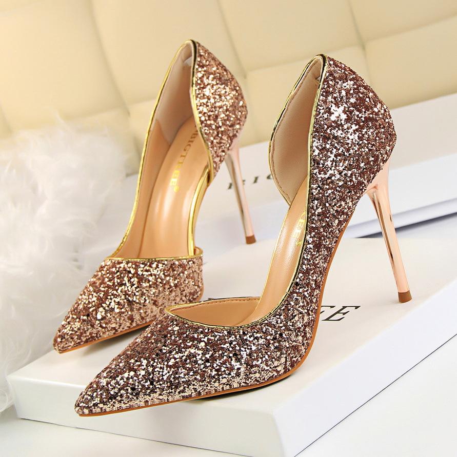 Women’s Pointed Toe High Heel Pumps with Glitter Finish