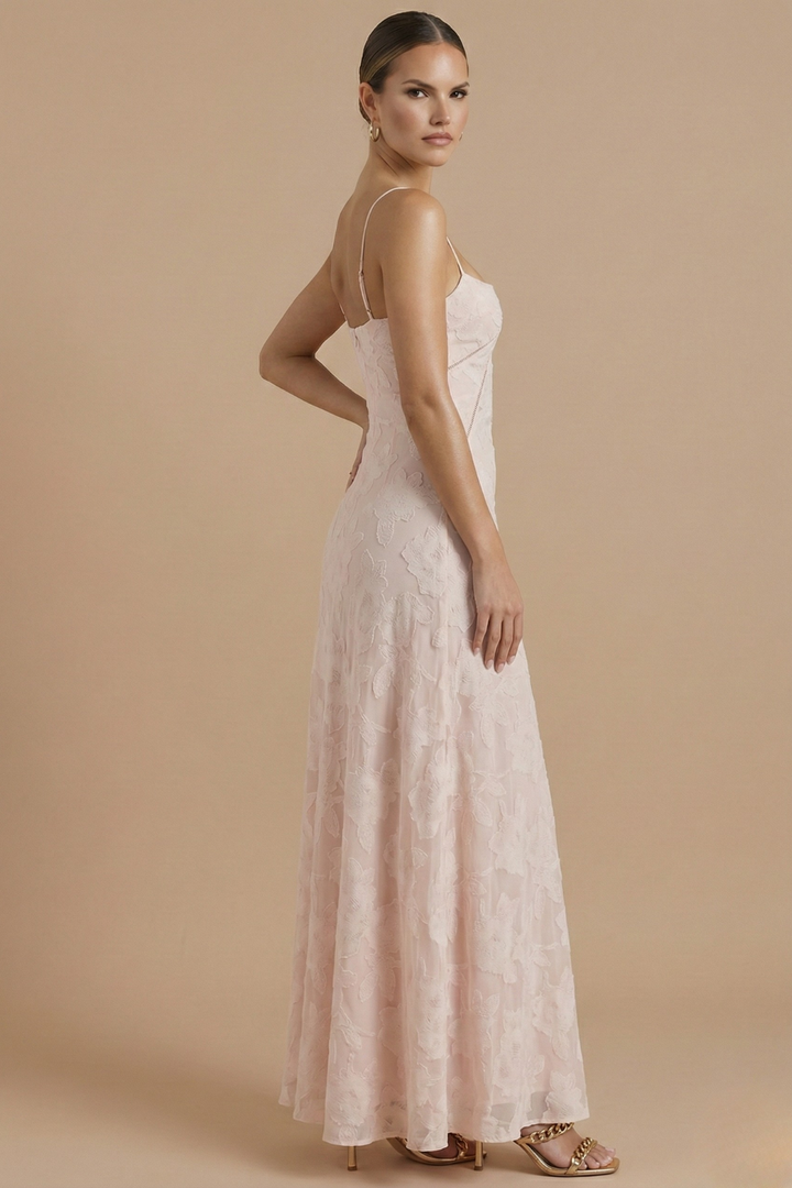 Women's Floral Maxi Dress - Spaghetti Strap Sweetheart Neck Lace Overlay