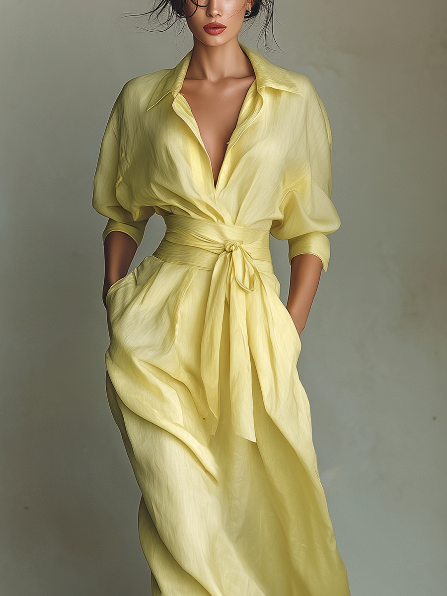 Lily™ | Lemon Tie-Belt Maxi Shirt Dress
