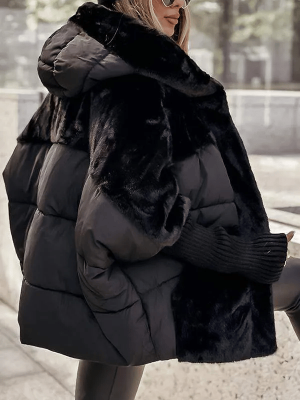 Women's Winter Jacket with Hood, Long Sleeves, and Fur Patchwork