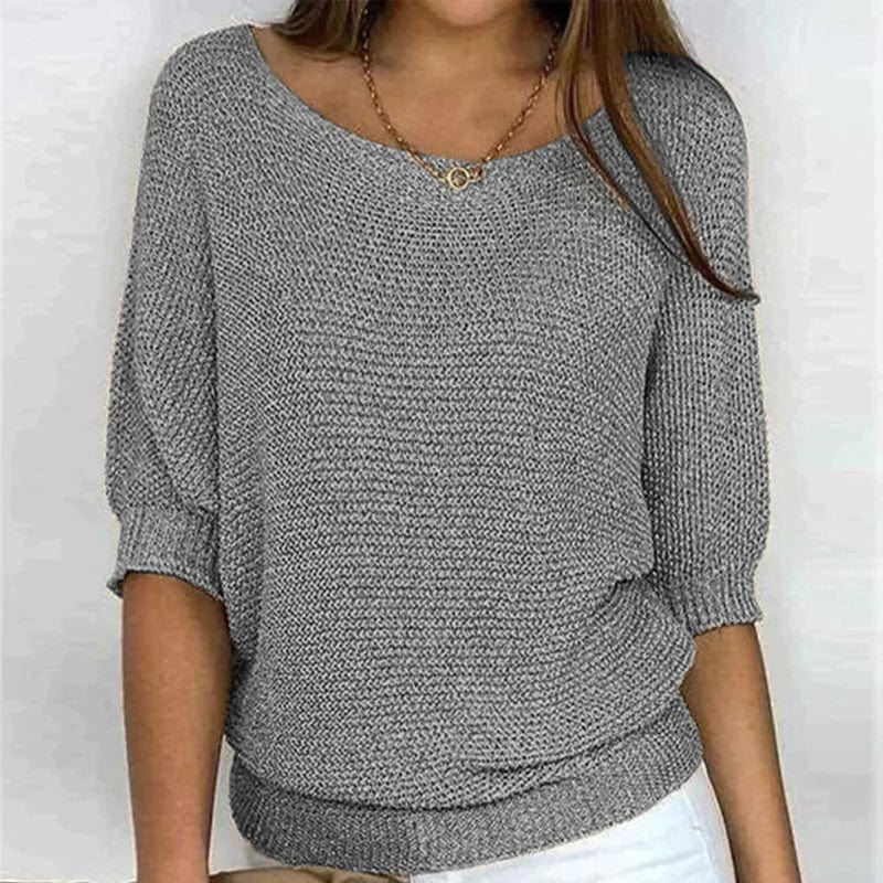 Solid Color Sweater with Round Neck and 3/4 Sleeves