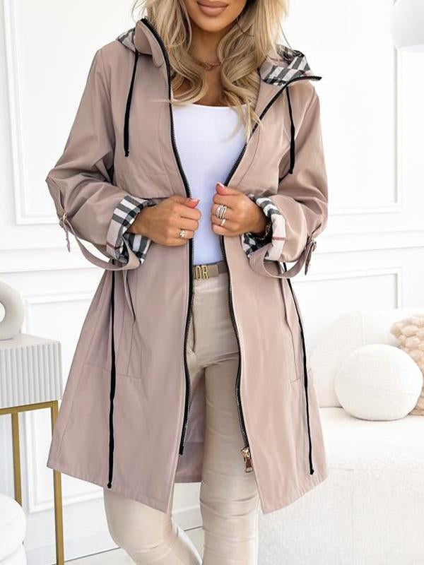 Women's Casual Long Plaid Coat with Hood, Zipper, and Drawstring