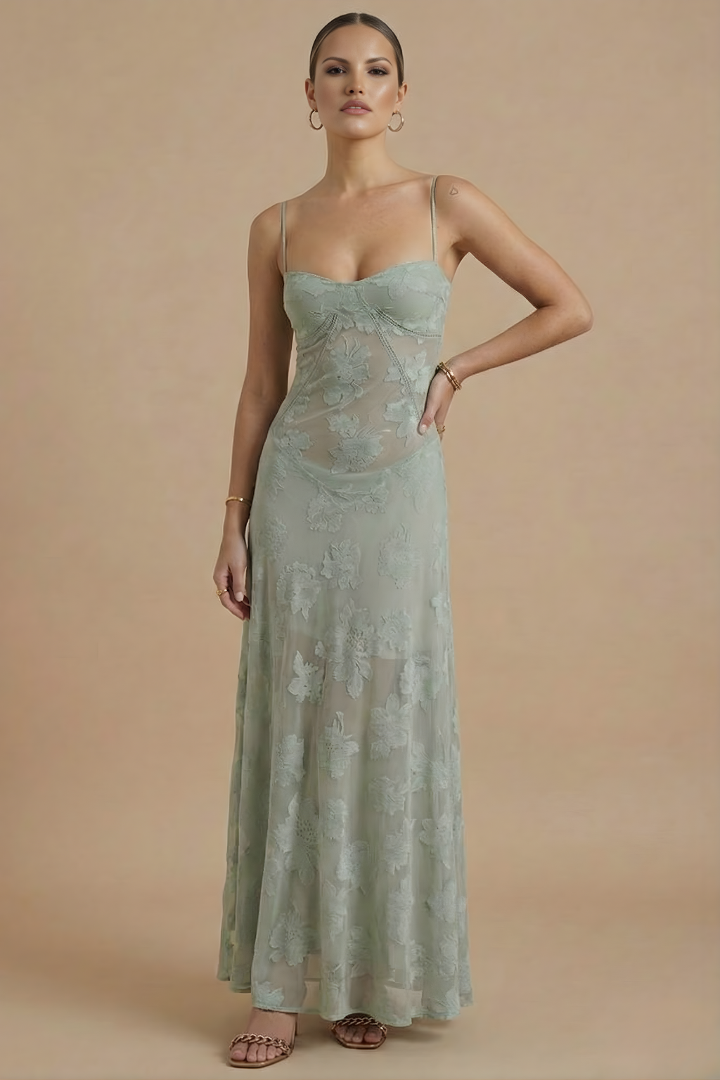 Women's Floral Maxi Dress - Spaghetti Strap Sweetheart Neck Lace Overlay