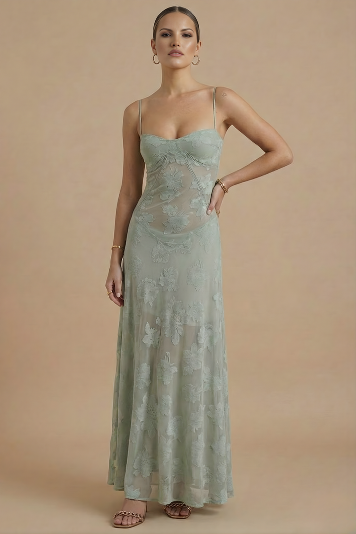 Women's Floral Maxi Dress - Spaghetti Strap Sweetheart Neck Lace Overlay