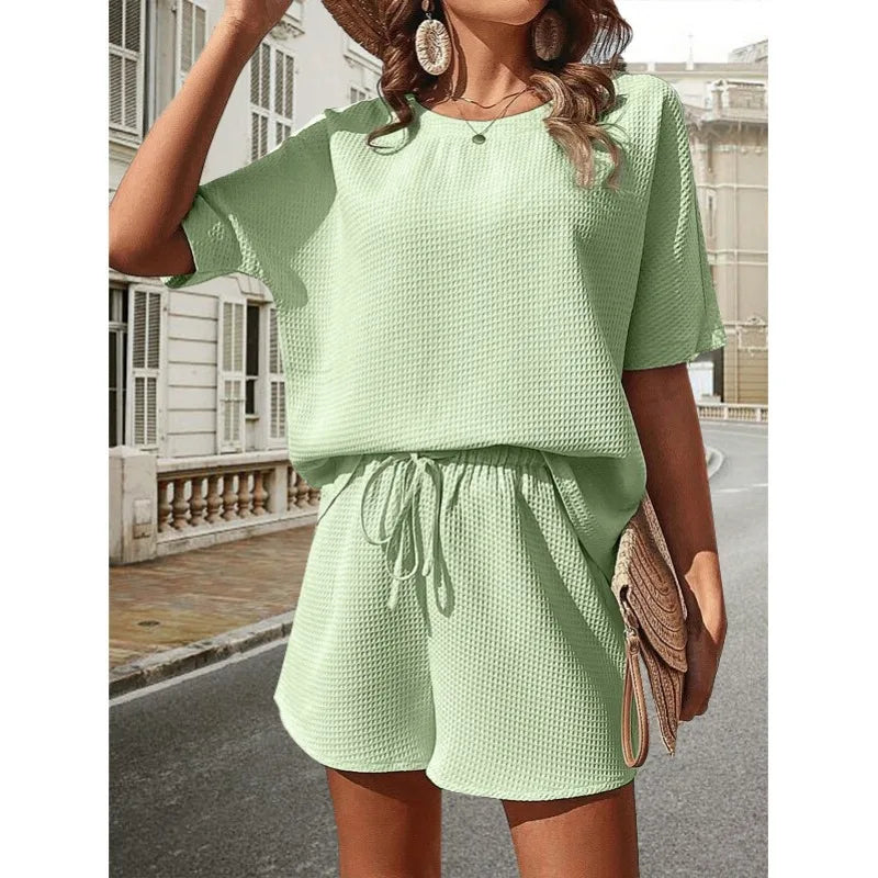 Women’s Relaxed Two-Piece Set with Short Sleeve Top and Drawstring Shorts