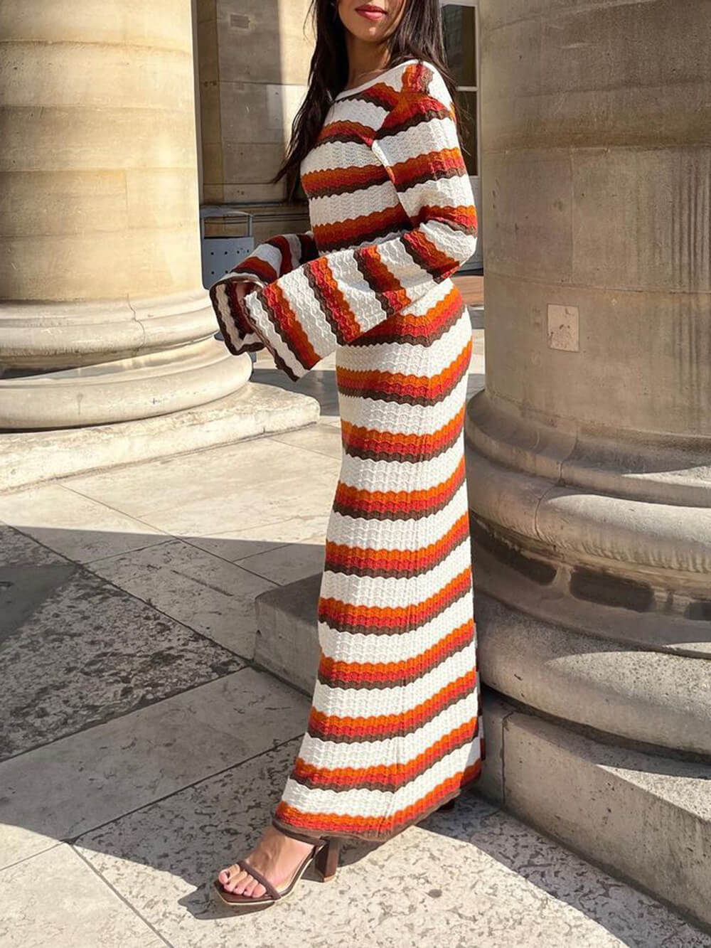 Women's Maxi Dress with Stripes and Long Sleeves