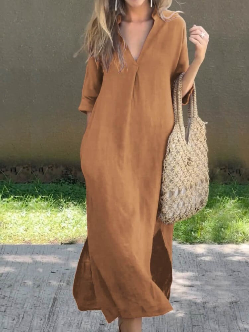 Women's Midi Dress with V-Neck in Loose Fit
