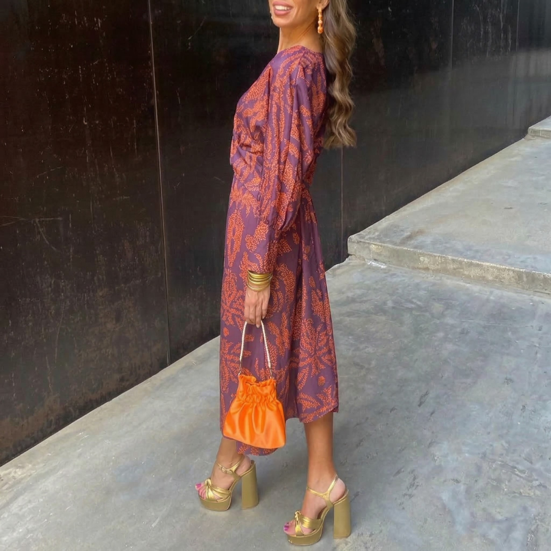 Isadora™ – Elegant Midi Dress with Waist Knot and Artistic Print