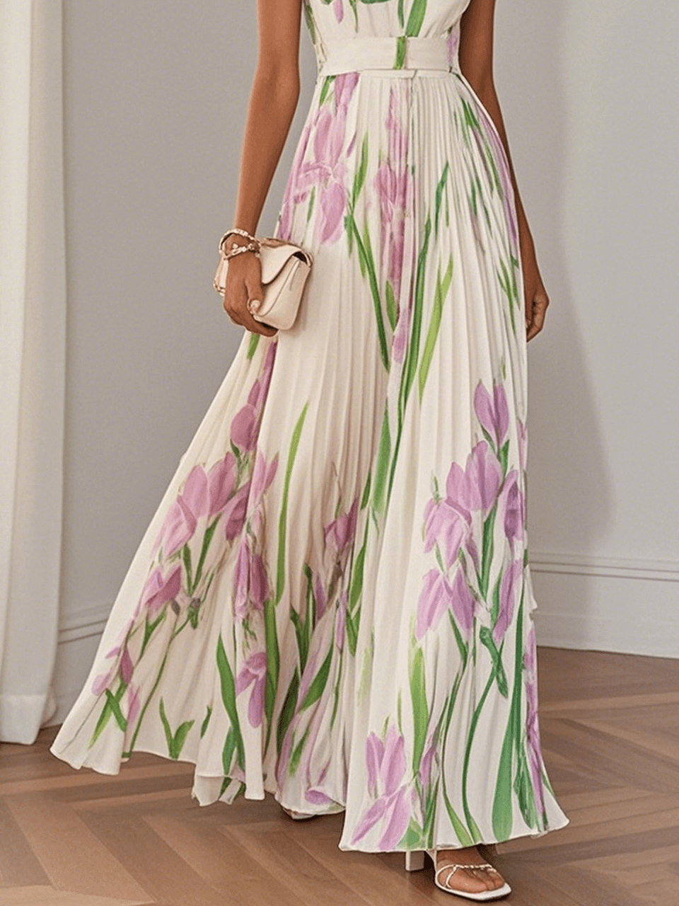 Marie | Pleated Floral Chiffon Maxi Dress