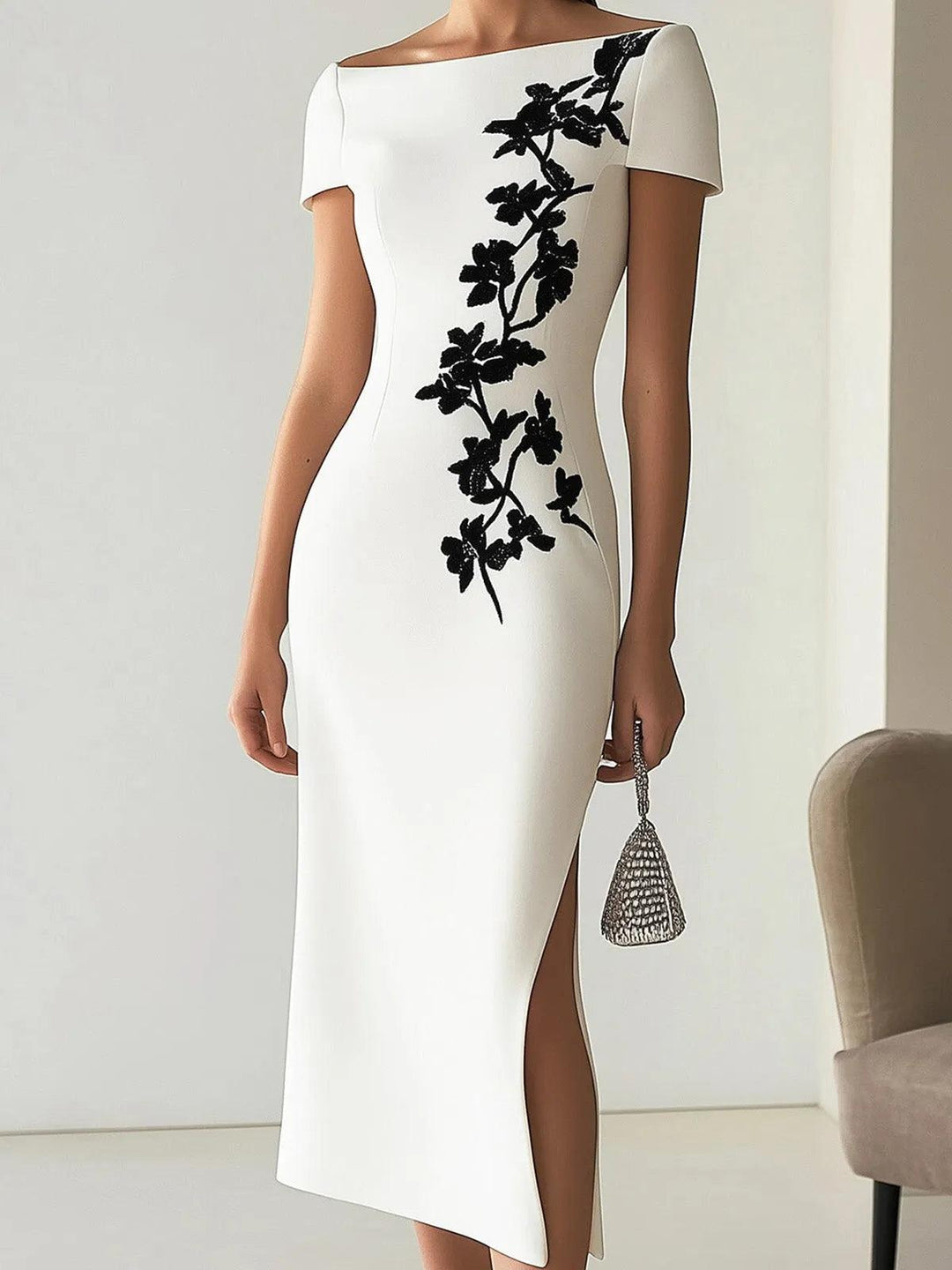 Audrey | Chic Floral Print Boat Neck Midi Dress