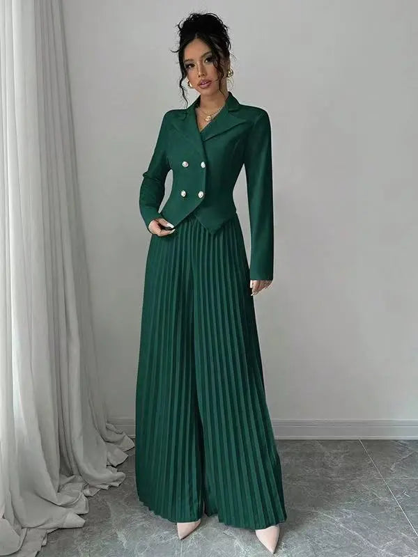 Women's Two Piece Suit Set - Cropped Blazer and Pleated Wide-Leg Pants