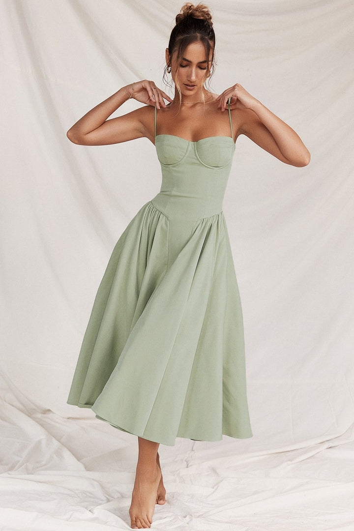 Women’s Elegant Midi Dress with Spaghetti Straps and Flared Skirt