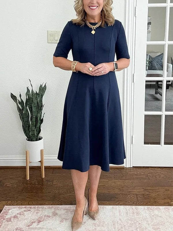 Women's Midi Dress with Short Sleeves and Flared Skirt
