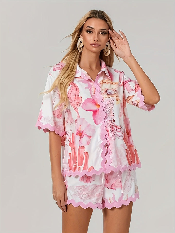 Women's Complete Set: Shirt and Shorts with Print and Ties