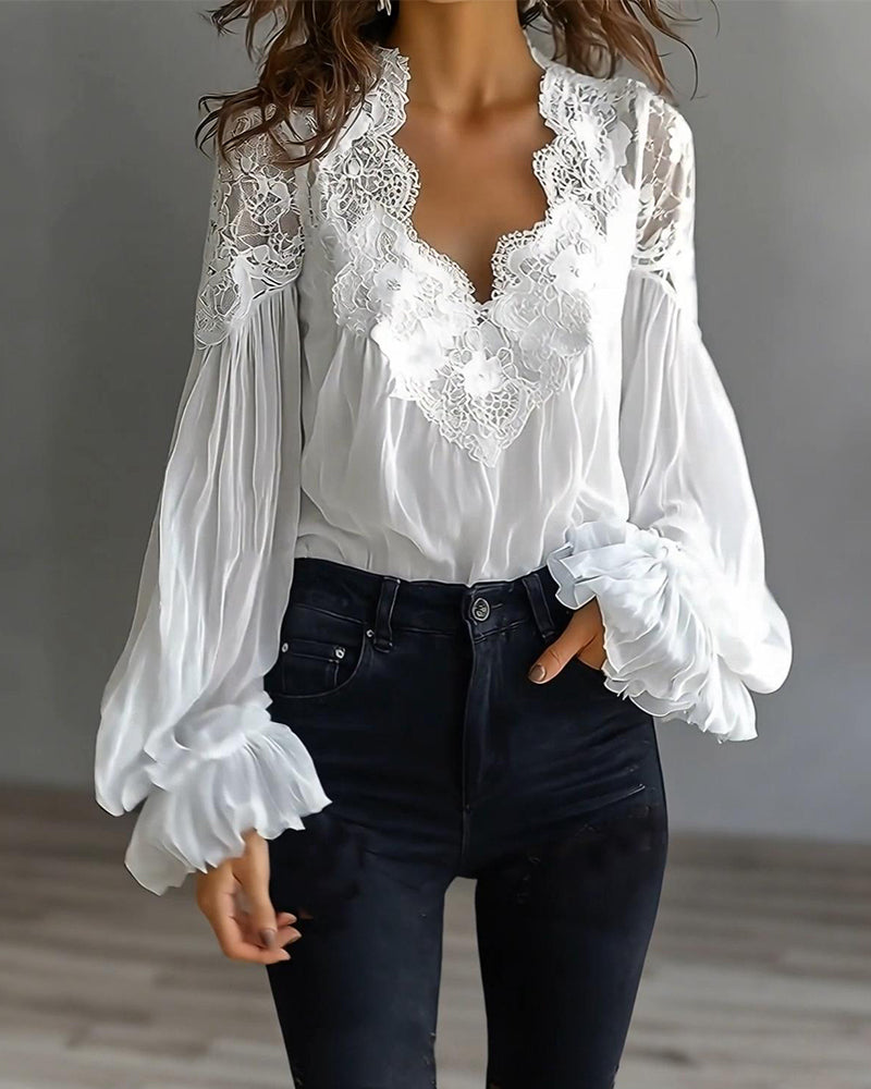 Lace Women's Blouse | with V-neck and puffed sleeves