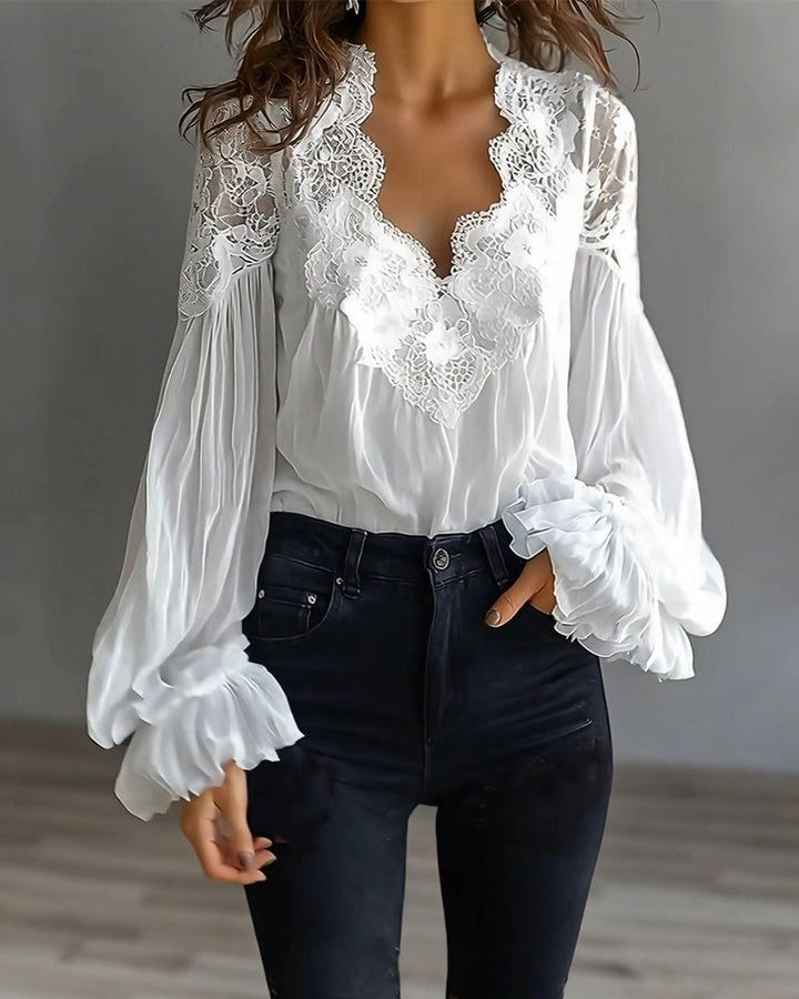 Lace Women's Blouse | with V-neck and puffed sleeves