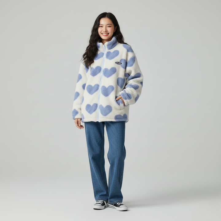 Women's Fleece Jacket with Zipper and Heart Pattern