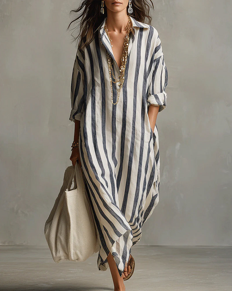 Women's Midi Striped Shirt Dress with Long Sleeves