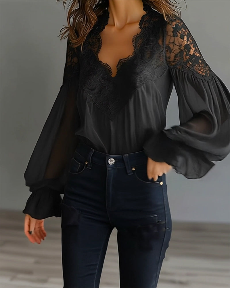 Lace Women's Blouse | with V-neck and puffed sleeves