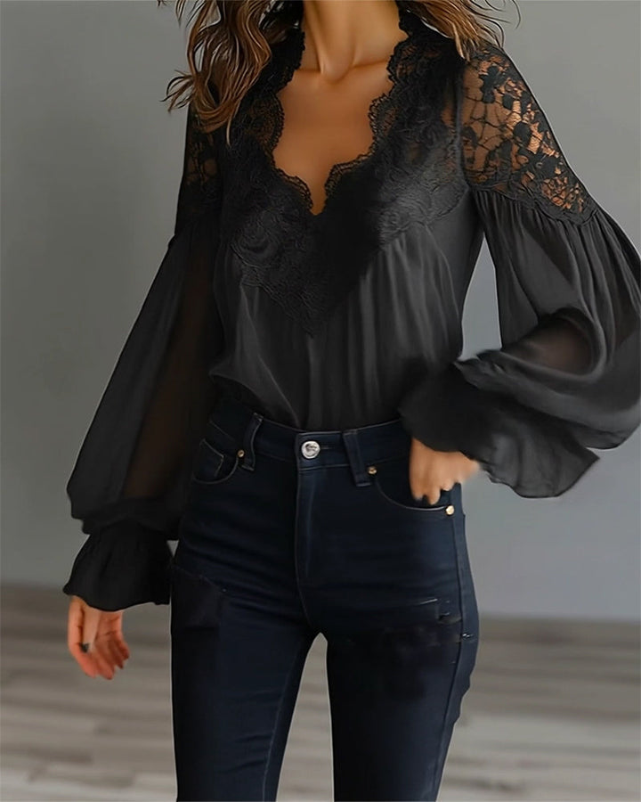 Lace Women's Blouse | with V-neck and puffed sleeves