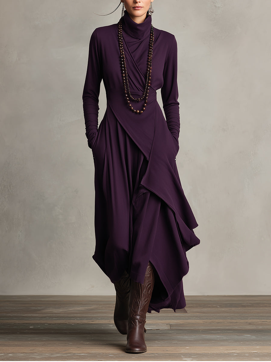 Women's Bohemian Cotton Stretch Turtleneck Asymmetrical Maxi Dress