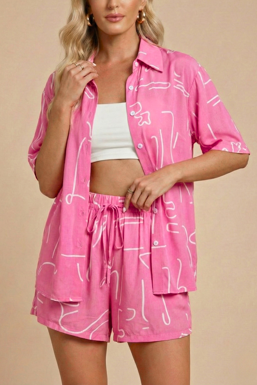 Women's Complete Set: Shirt and Shorts with Ties and Print