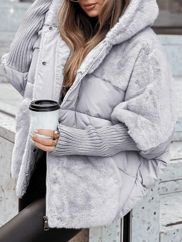 Women's Winter Jacket with Hood, Long Sleeves, and Fur Patchwork