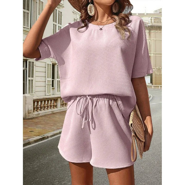Women’s Relaxed Two-Piece Set with Short Sleeve Top and Drawstring Shorts