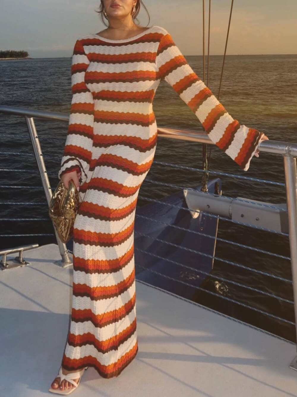 Women's Maxi Dress with Stripes and Long Sleeves