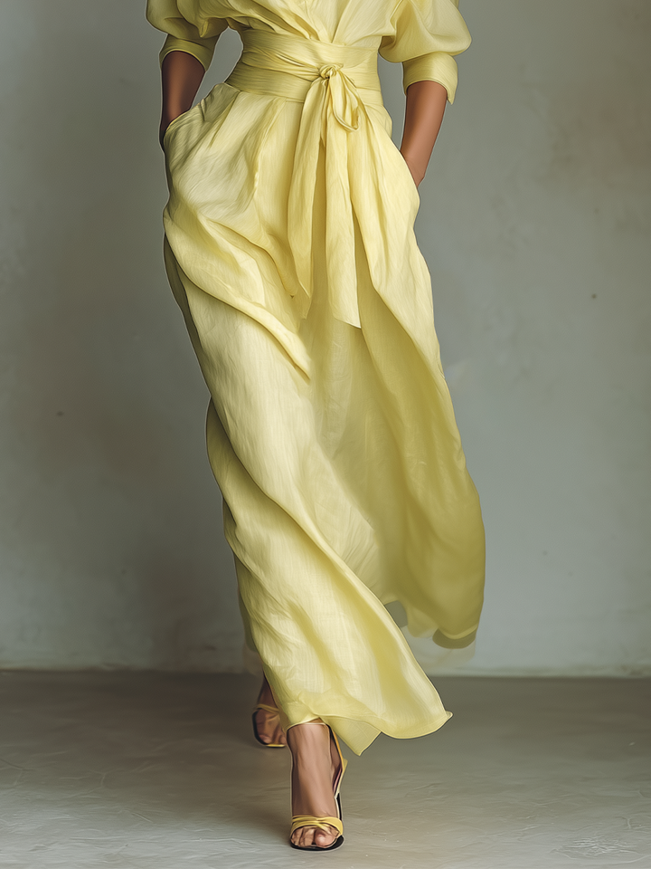 Lily™ | Lemon Tie-Belt Maxi Shirt Dress