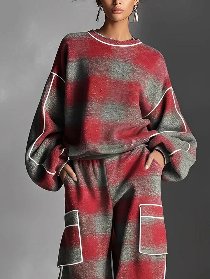 Red and Gray Checkered T-Shirt with Sweatpants - Two-Piece Set