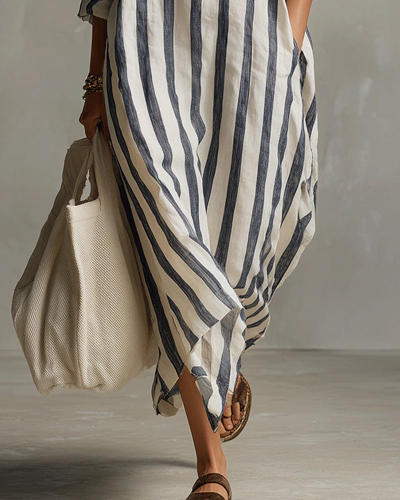Women's Midi Striped Shirt Dress with Long Sleeves