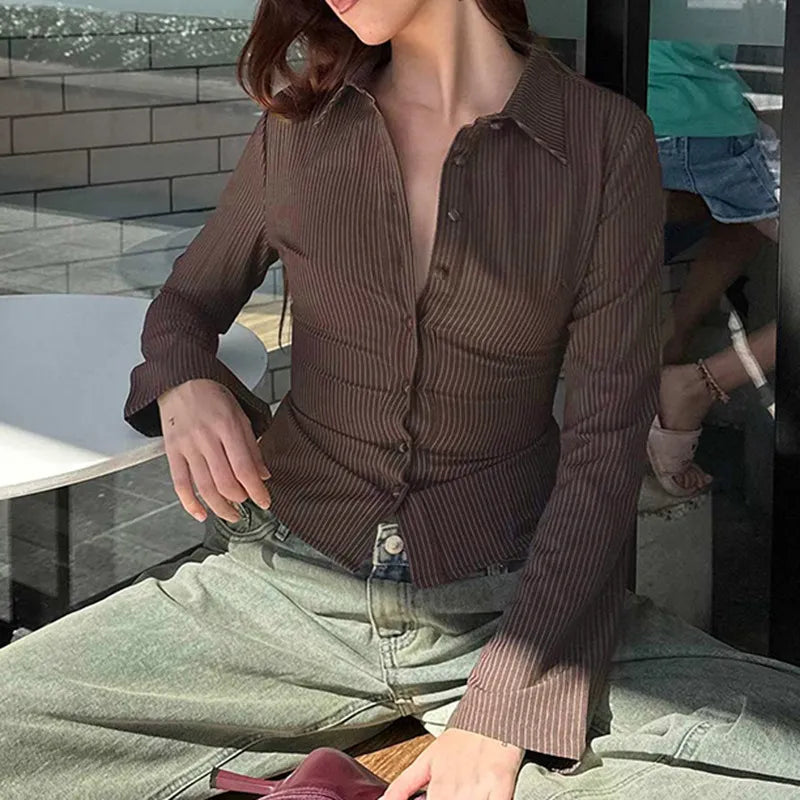 Women's Ribbed Stripe Button-Through Blouse - Long Flared Sleeve and Point Collar