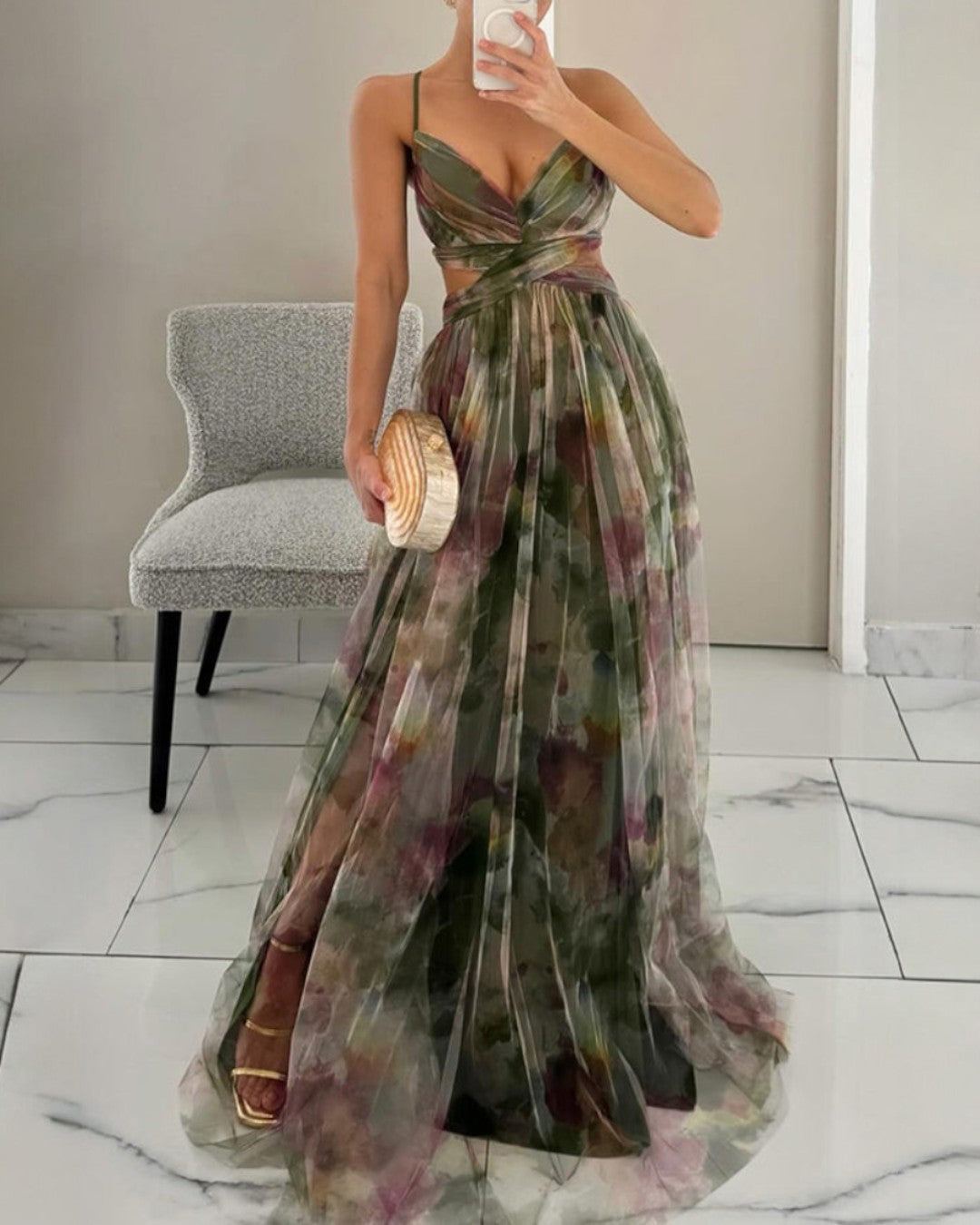 Boho Watercolor Maxi Dress with V-Neck