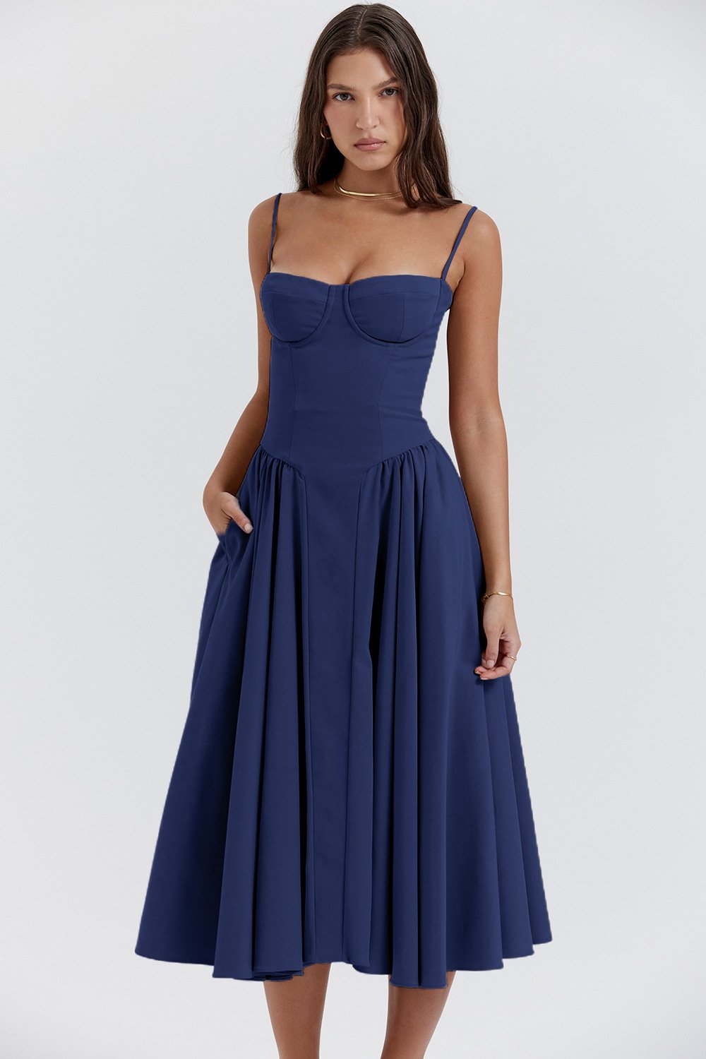 Women’s Elegant Midi Dress with Spaghetti Straps and Flared Skirt