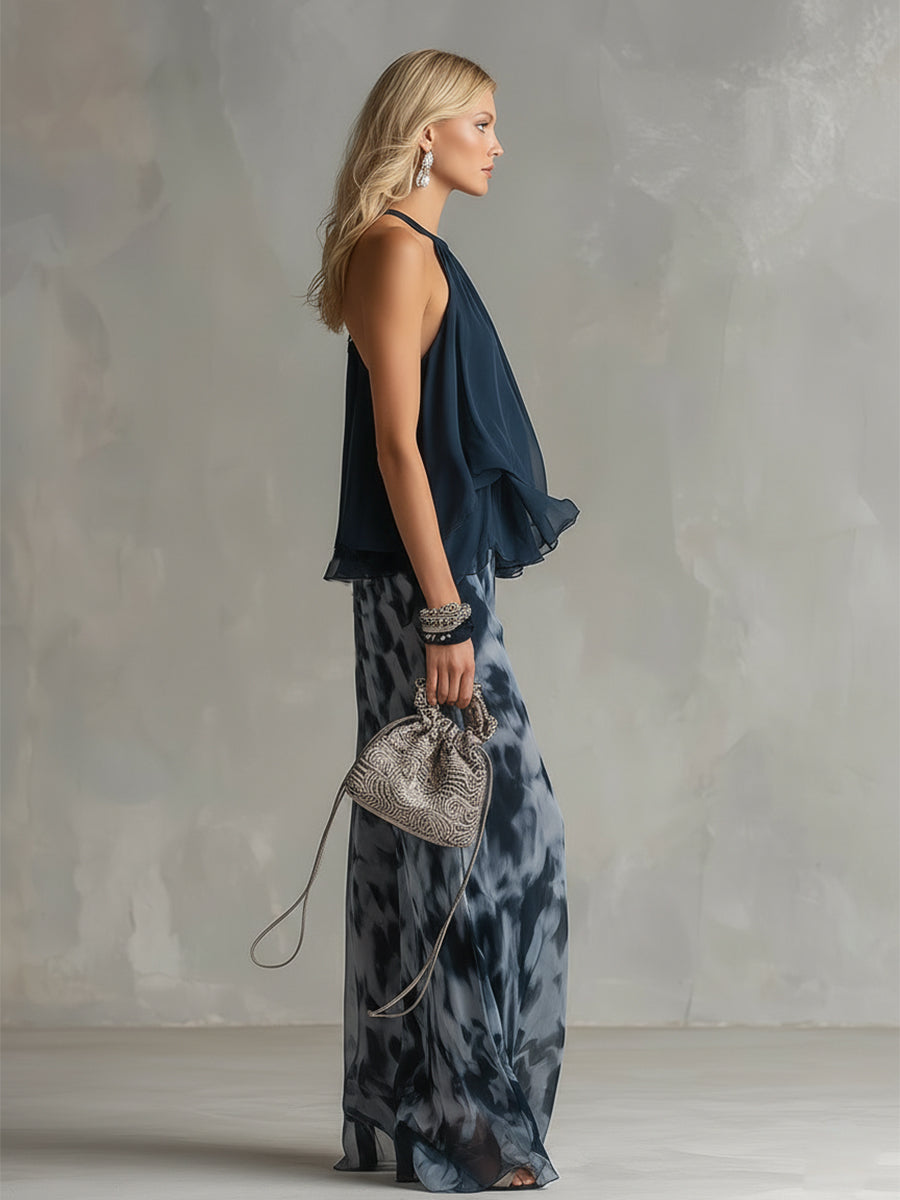 Ludovica – Chic Ensemble with High-Collared Blouse and Flowing Printed Pants