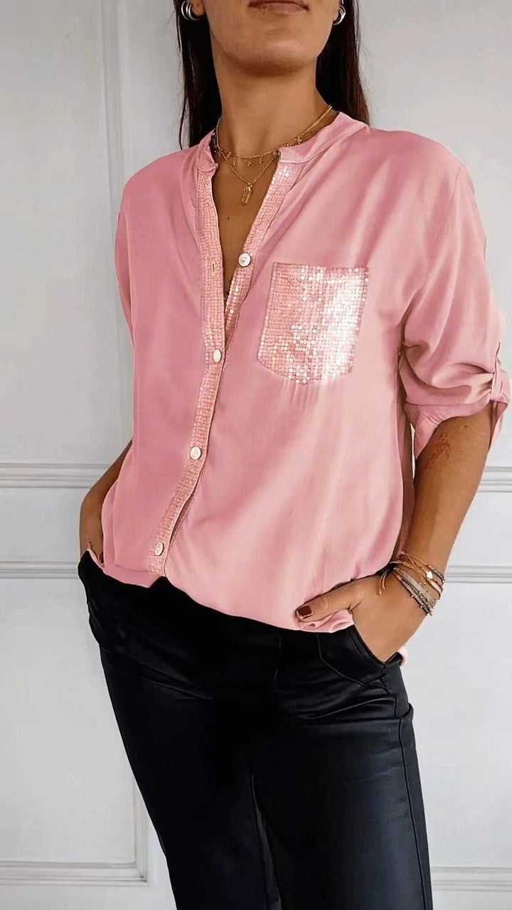 Women’s Casual Button-Up Blouse with Sequin Detail